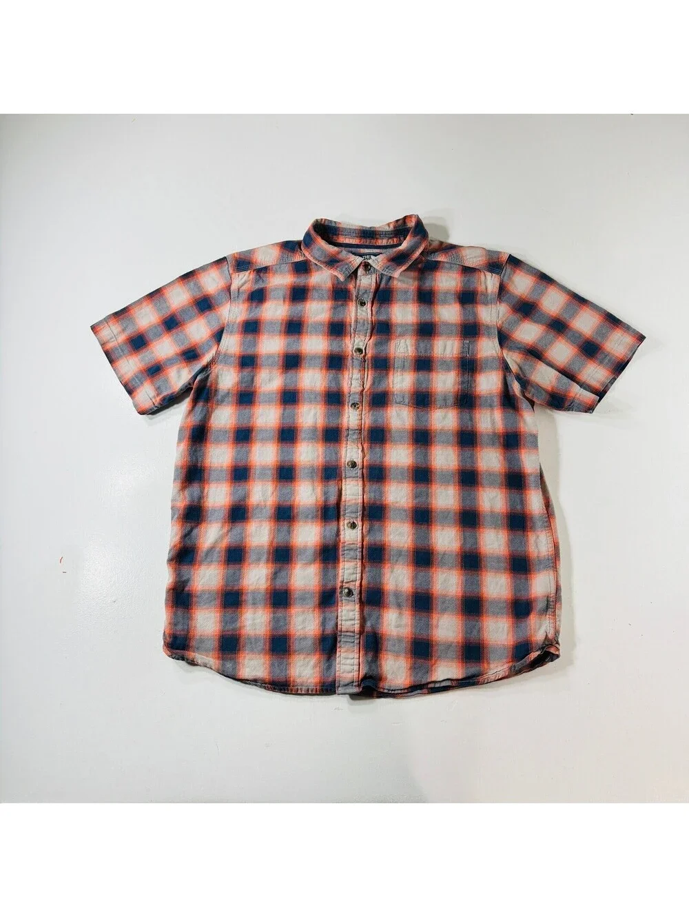 The North Face Button Down Shirt Short Sleeve Blue Orange Plaid Men’s Size Large